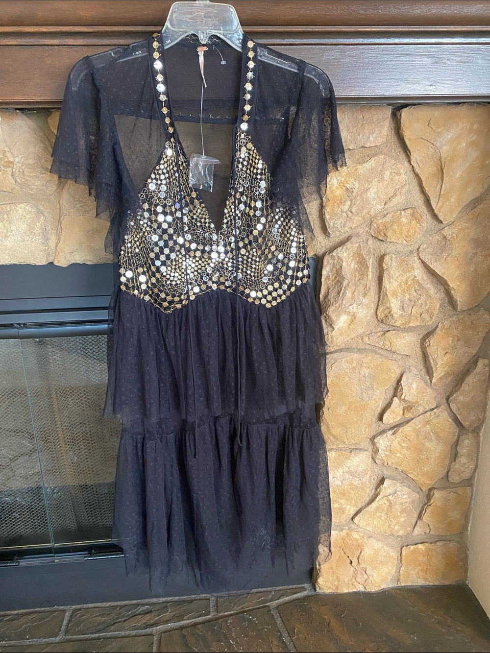 Free People Black Mesh Tiered Mini Dress with Gold Mirror Embellishment